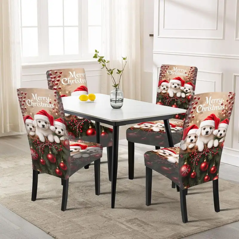 

Чехол для стула с 2D-печатью, с изображением милого щенка в рождественской шапке, подходит для семей, отелей, банкетов.