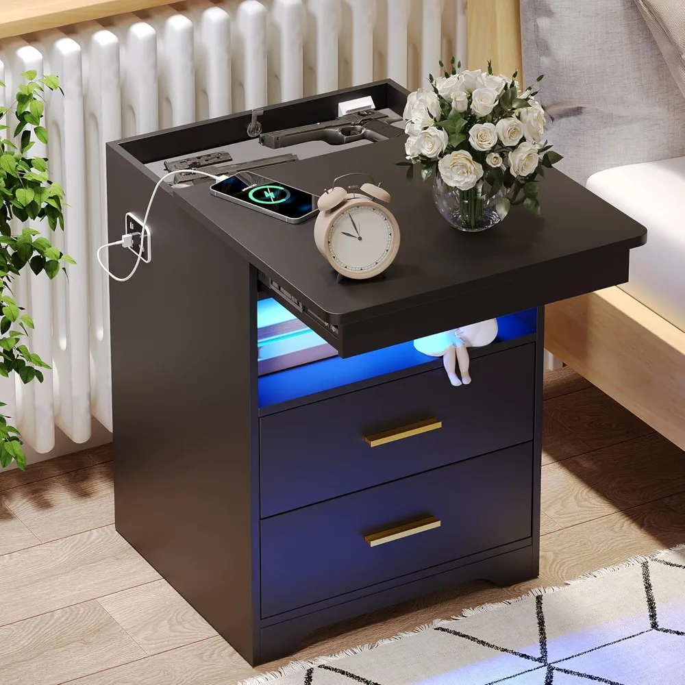 

Night Stand with Gun Drawer, Charging Bedside Table with USB & Type-C Port, LED Nightstand with Human Sensor Light, Modern End T