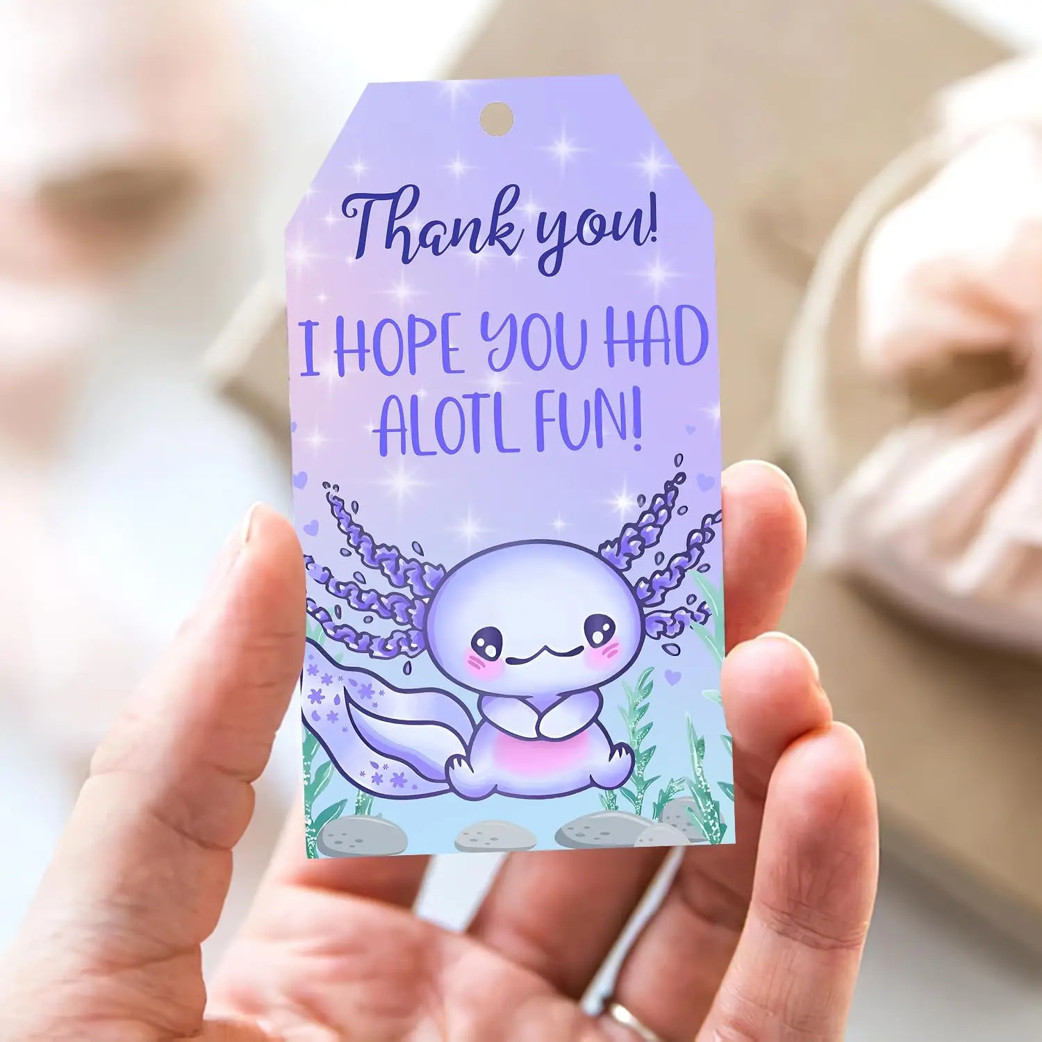 Obrigado Embrulho Tags, Favor Axolotl, Roxo, 50pcs Espero que você tenha diversão! Festa aniversário tema Axolotl roxo