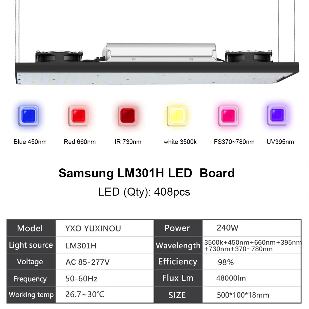 Yxo full spectrum 240W LED growth lamp hydroponic Lm301B Lm301H chip LED growth lamp