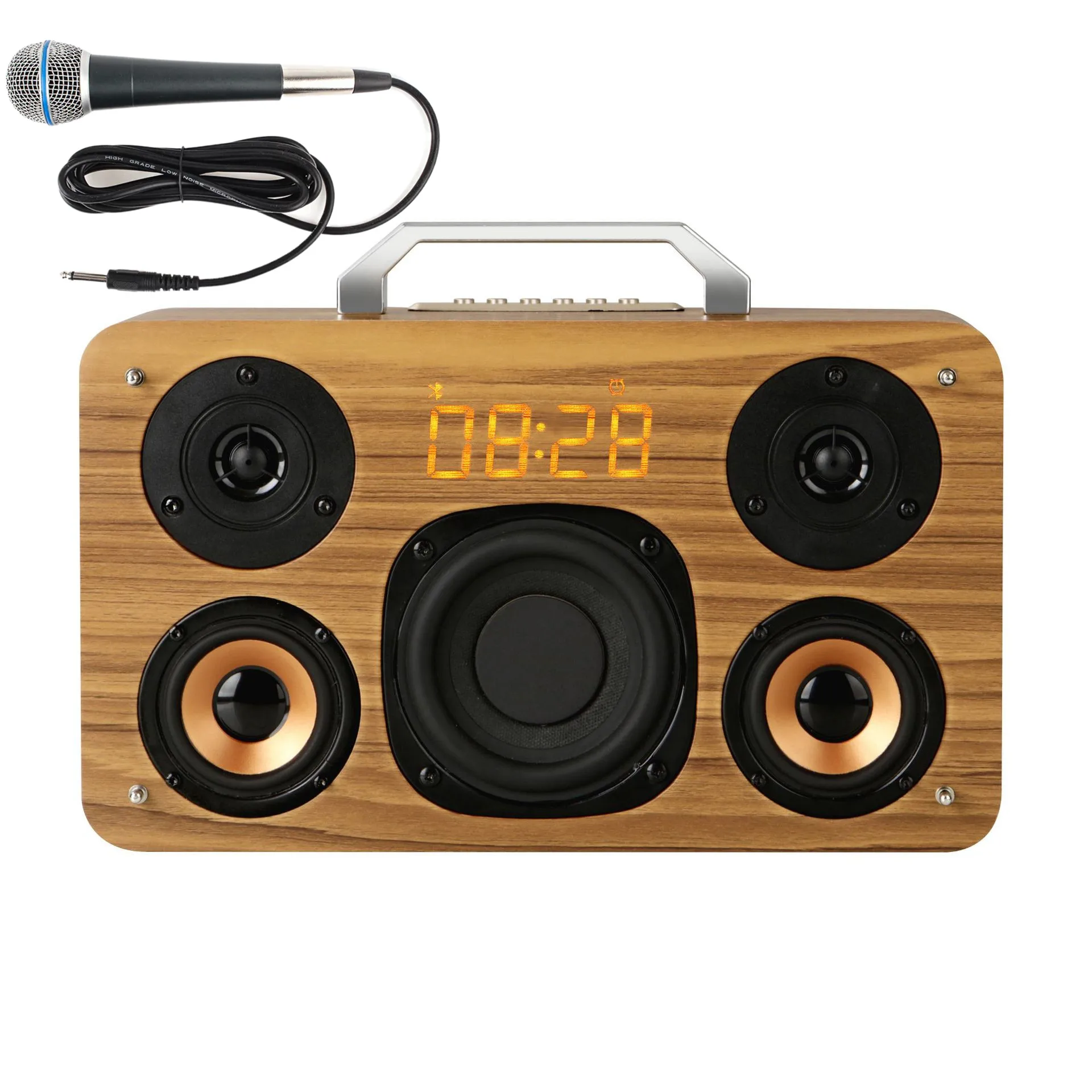 

40W Portable K Song Hi Fi Wooden Bluetooth Speaker with Clock Alarm Outdoor Karaoke Party Subwoofer Support USB Disk TF Card AUX