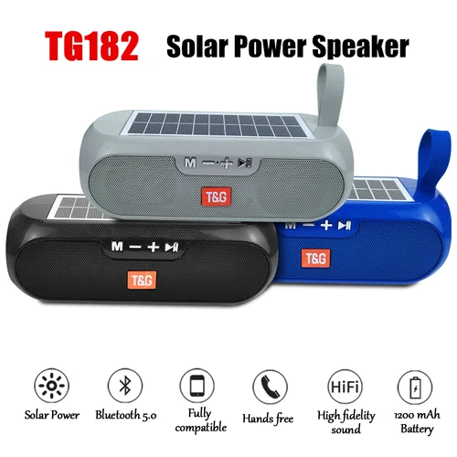 Imagen 2 del producto Altavoz Bluetooth TG182 de energía Solar, Subwoofer inalámbrico TWS portátil, columna de graves para exteriores, estéreo HiFi, FM, AUX, TF, reproductor de música USB