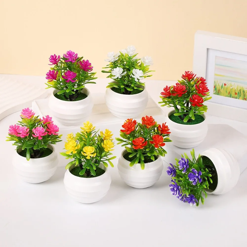 

New 7 Flowers Artificial Potted Plant with White Pot Small Artificial Faux Plants Multi-Bloom Simulated Tree Indoor Decoration