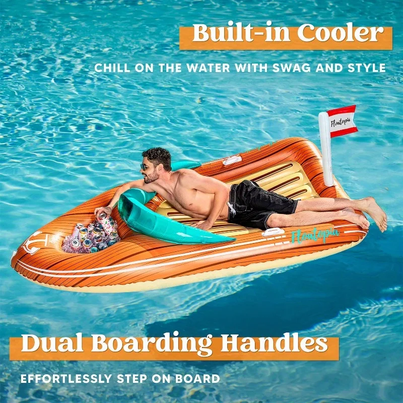 JOYFY Galleggiante Gigante a Forma di Barca con Frigorifero, Gonfiabile Divertente per Piscina, Zattera Estiva per Bambini e Adulti, Set per Feste