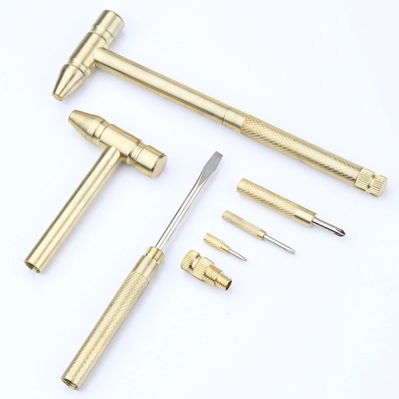 Mini Multifunction Multi Brass Hammer 3 Kinds Screwdriver Bits Pocket DIY Tools Small Round Hammer 5 in 1 For Indoor Outdoor EL