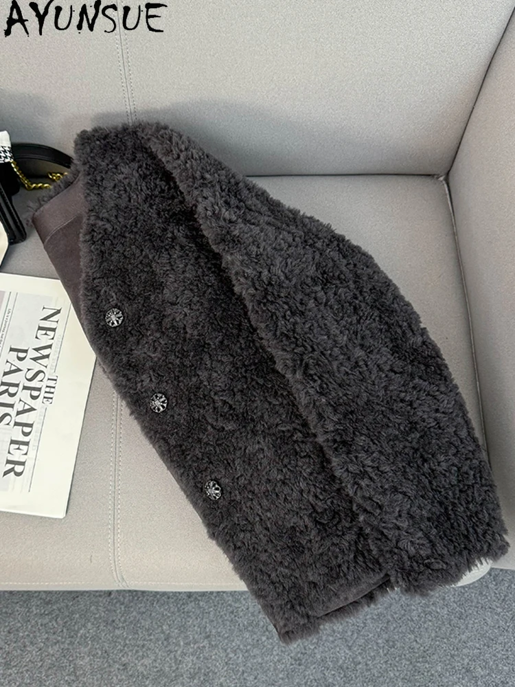 AYUNSUE 100% Naturalna Wełna Damska Kurtka 2025 Zima Dekolt V Futro Jagnięce Kurtka Odzież Damska Moda Odzież Wierzchnia Ropa Para Mujer