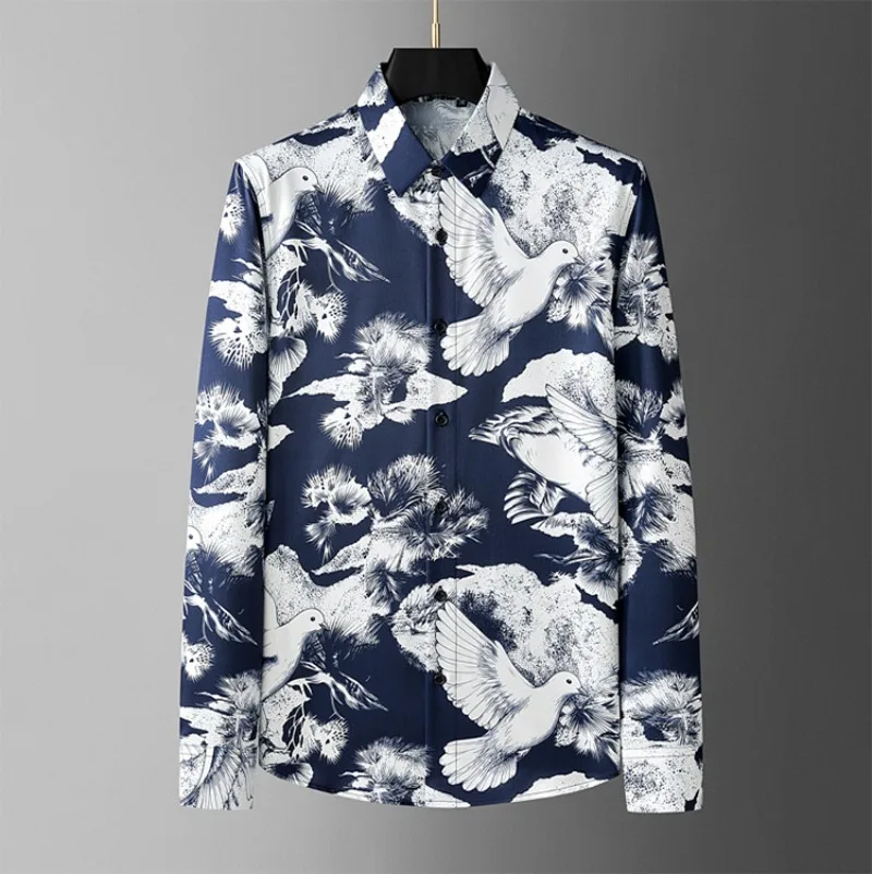 Chinese Style Printed Shirt for Men High Quality Long Sleeved Casual Social Shirts Business Office Party Banquet Men Clothing