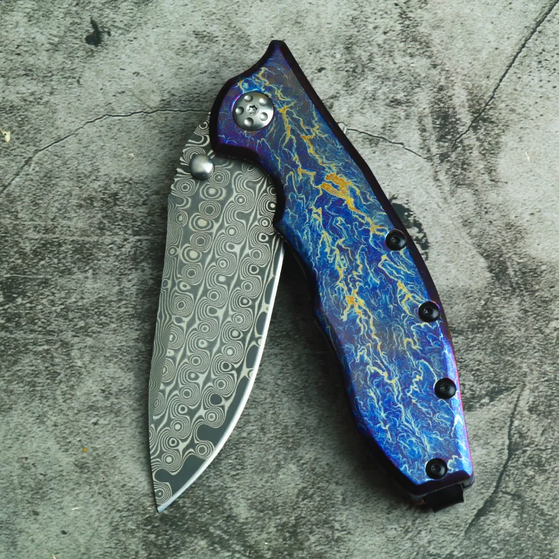 

High-Quality 0562 Lightning Pattern/Titanium Alloy Handle Blade Satin Finish/Damascus Pattern Acid-Washed Folding Knife