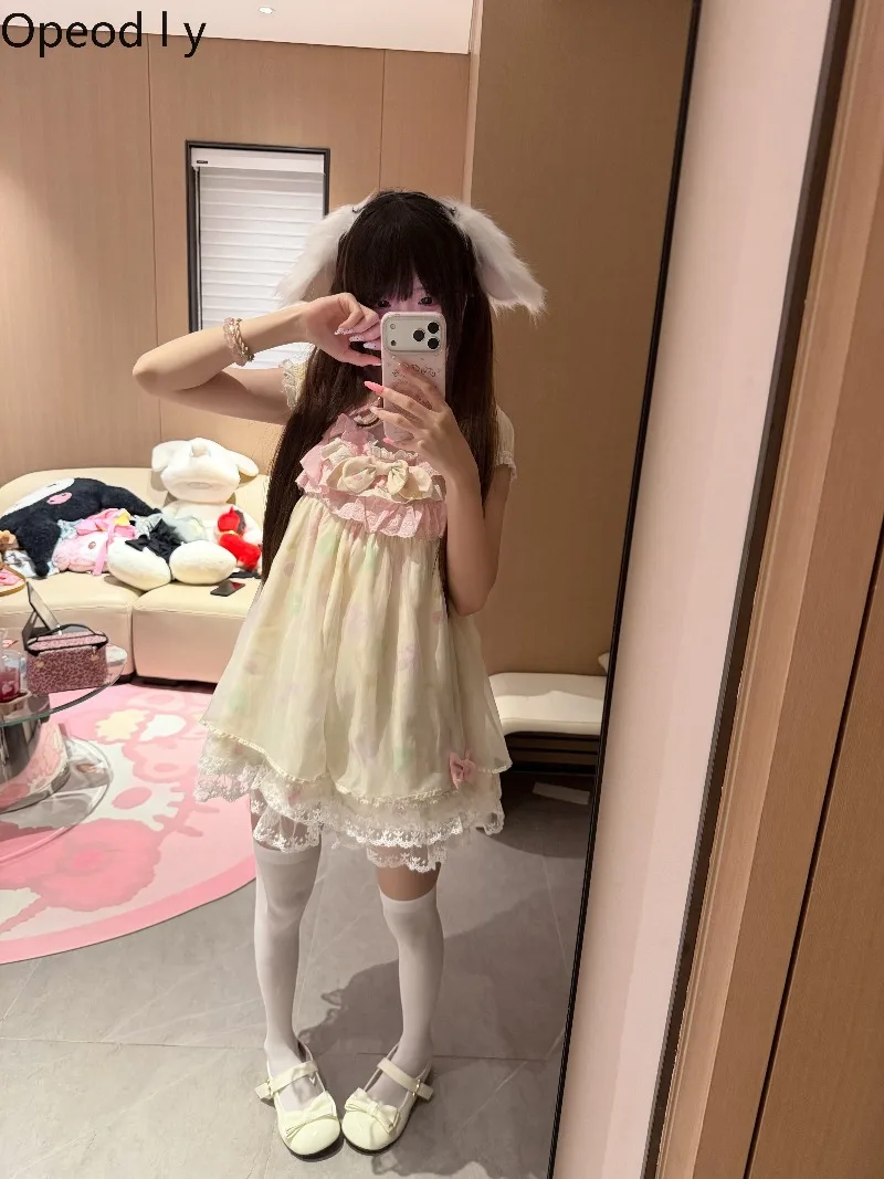 

Fashion Soft Girls Cute Printed Bow Chiffon Lace Dress Summer New Sweet Ladies Student Kawaii Loose Elegant Princess Dress