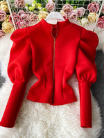 Women's Blusas Mujer Solid Stand Collar Puff Sleeve Spring Autumn Ins High Fashion Women Blouses Vintage Elegant Shirts GX1462