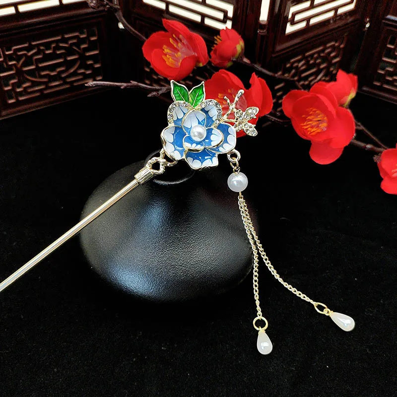 Tassel hairpin, blue oil-dripping flower hairpin, new Chinese-style hairpin for women, step shaking hair accessory