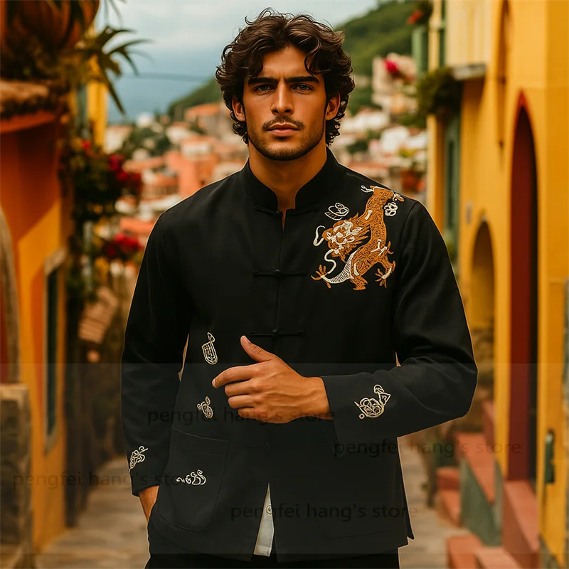 

Black Tang Clothes Men Long Sleeve Kungfu Jacket Embroider Chinese Dragon Shirt Big Size 3Xl Hanfu Costume Autumn New Outwear