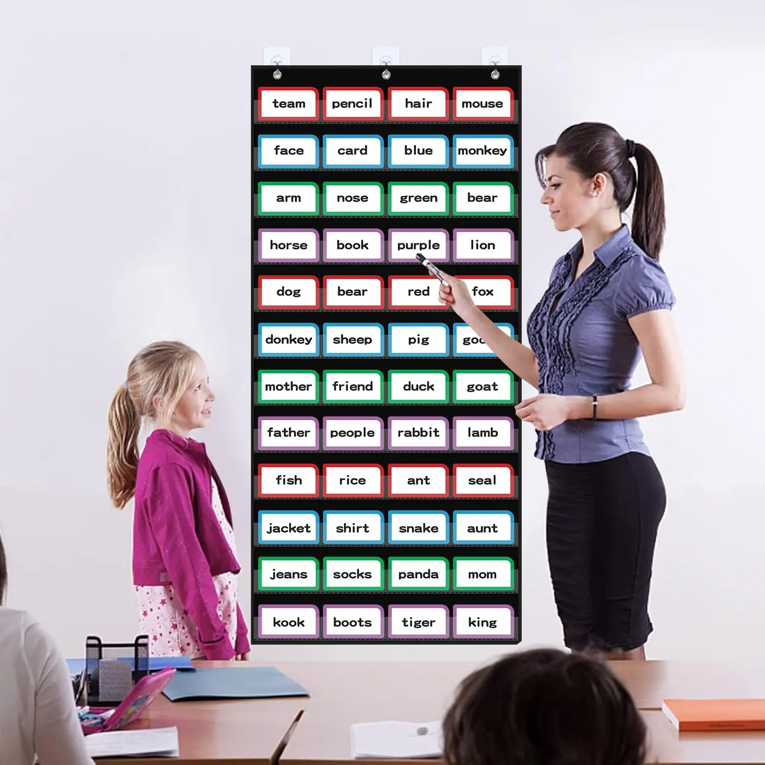 مخطط جيب لكلمات الفصل الدراسي مع 12 جيبًا شفافًا، مخطط جيب قياسي أسود للفصل الدراسي والمنزل لشرائط الجملة