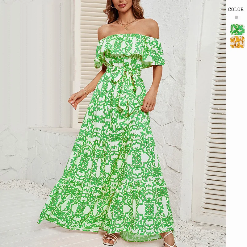 

Swimwear Cover Up Women Beach Outing 2023 Outfits Summer Dress Long Boho Bathroom One Line Collar Printed With Ruffles Vacation