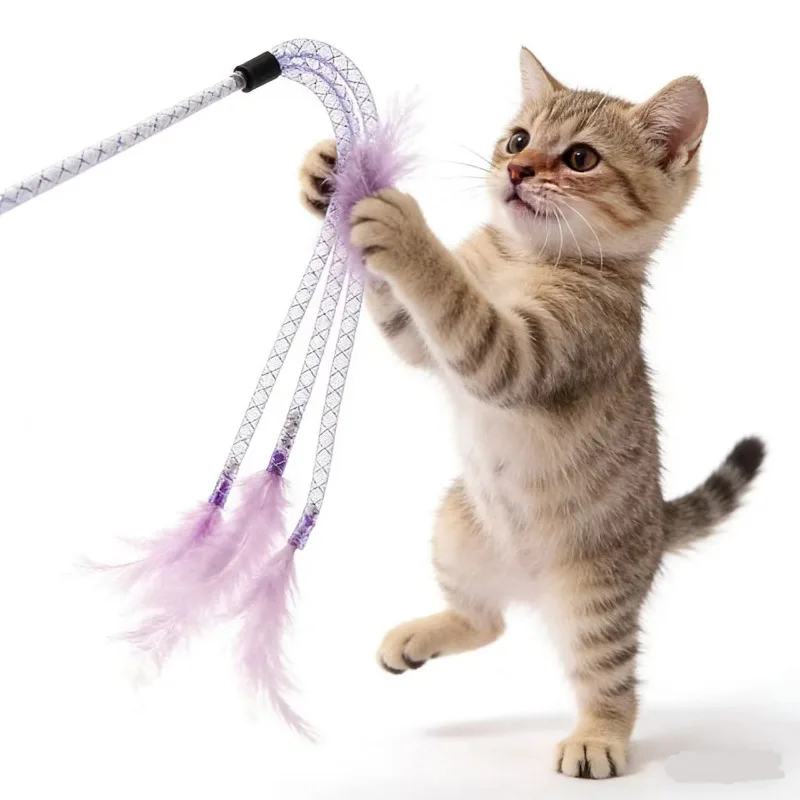Jouet pour chat : Bâton interactif avec plumes, résistant aux morsures, amusant, avec clochette – Produits pour animaux de compagnie