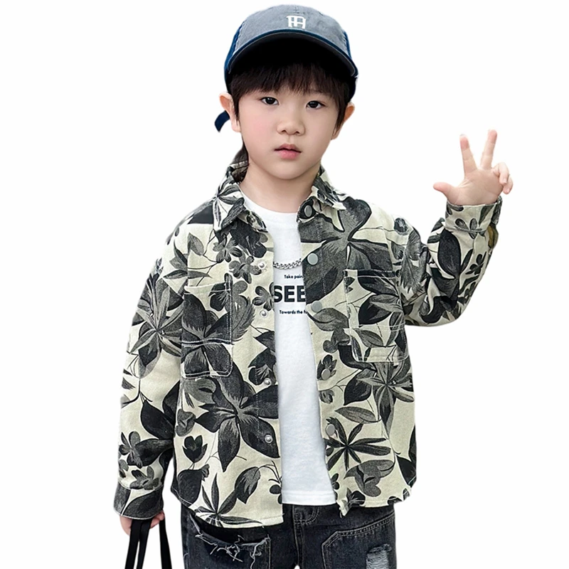 

Korean Style Baby Child Fashion Long Sleeve Denim Shirt with Flowers Print for Tweens Boy Casual Spring Autumn Blouse Kids Wear