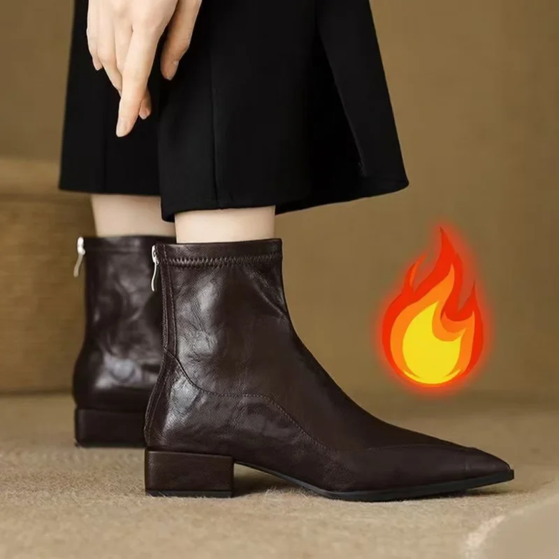 Sepatu Boots Wanita Ujung Lancip untuk Musim Gugur/Musim Dingin - Sepatu Boots Chelsea Hak Tebal Retro, Sepatu Boots untuk Kerja yang Cocok dengan Jeans