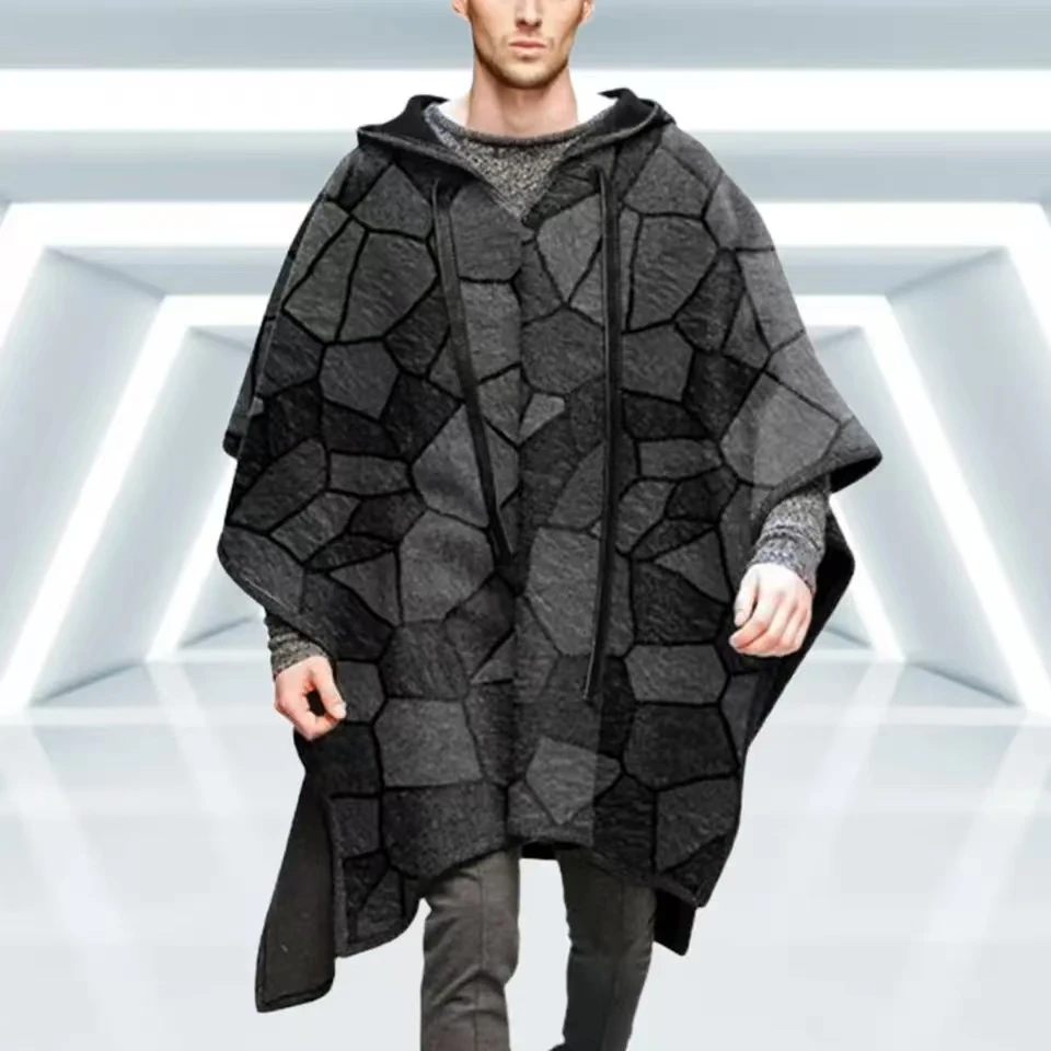 2024 Vintage Poncho Men Oversized Hooded Irregular Cape Shawl Fashion Punk Male Outerwear Coats Cloak Woollen Blends Pullovers