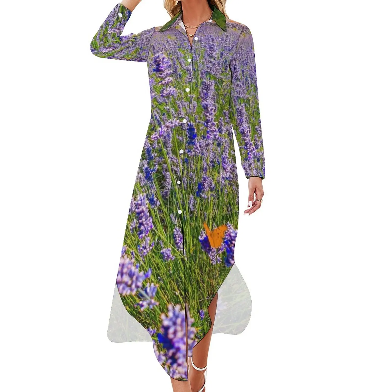 Purple Lavender Chiffon Dress Lavender Field Nature Plant Trendy Dresses Summer V Neck Aesthetic Casual Dress Vestido Big Size