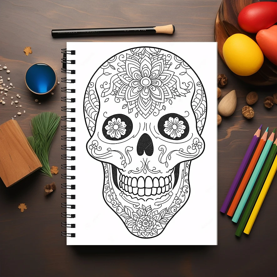大人の頭蓋骨の塗り絵、ストレス解消クリエイティブアート、8.3x11.2インチ、22ページ