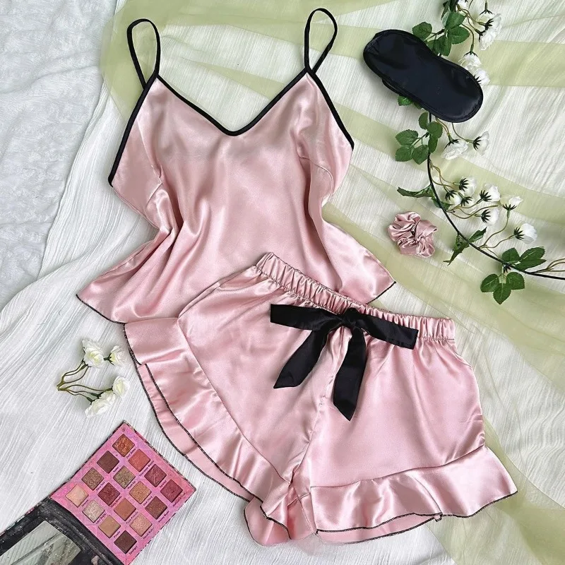 الأوروبية والأمريكية مثير بروتيل تنورة ملابس المنزل المرأة الصيف سترة أنيقة تحمل شعار لعبة البيسبول السراويل مجموعة المنزل الحرير الجليد بيجامة من الحرير