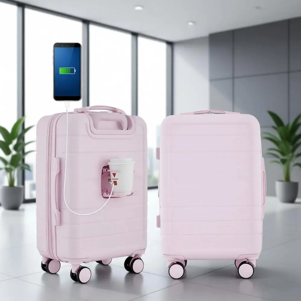 

Portable Pink Carry-On Luggage with Cup Holder and USB Ports