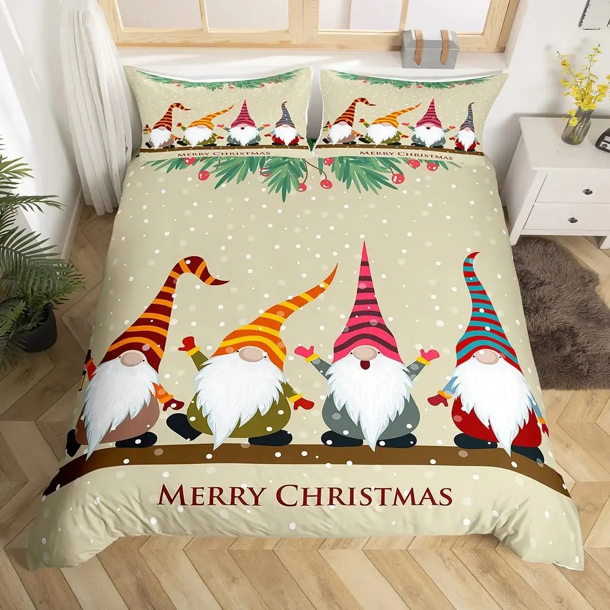 

Xmas Duvet Scandinavian Christmas Santa Gnomes Comforter Cover Snowing Santa Claus Bedding Sets Romantic Candlelight Quilt Cover