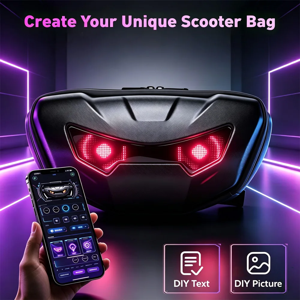APP-Control LED Display Cycle Front Carrier Bag, Waterproof Handlebar Pouch for Trail Mountain & E-Ride, Power Bank Not Included