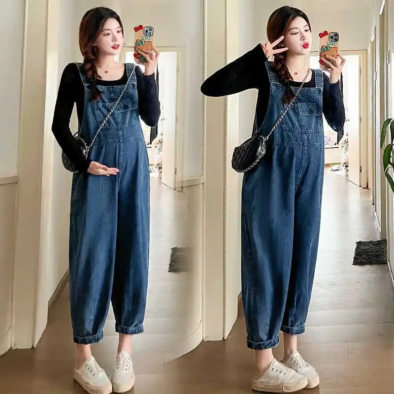 Vintage Denim Maternity Jeans Clothes for Pregnant Women 2024 Spring New Wide Leg Loose Pregnancy Overalls Pants Jumpsuits