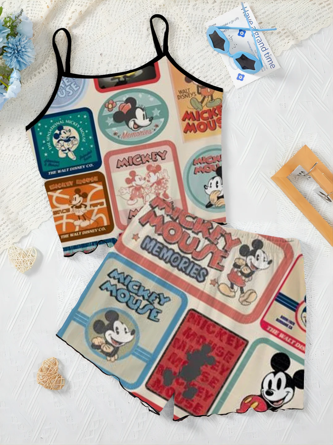 Ensemble T-shirt et robe à enfiler en laitue trempée pour femme, jupe pyjama courte, haut Disney, Minnie Mouse, pièces élégantes