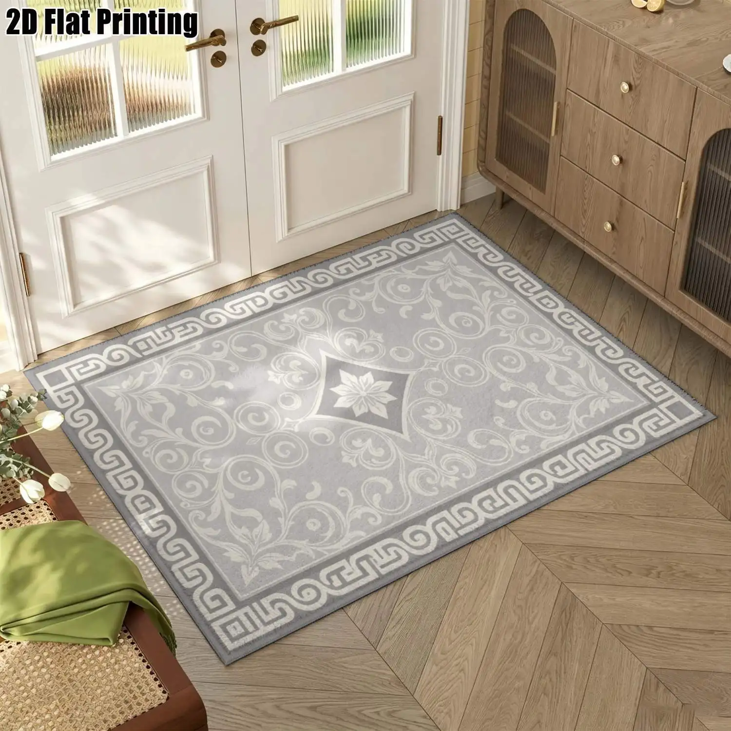 1Pc 2D Printed Gray Vine Leaf Carved Carpet: European/Minimalist/Retro Style, Multi-Size, Machine Washable, Home Decor Mat for Entrance, Dining, Foyer, Study, Living Room, Bedroom
