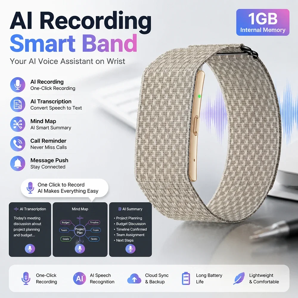 AI Recording Smart Bracelet 1GB Memory Fitness Band AI Transcription Voice Recorder One Click Record Heart Rate Sleep Monitoring