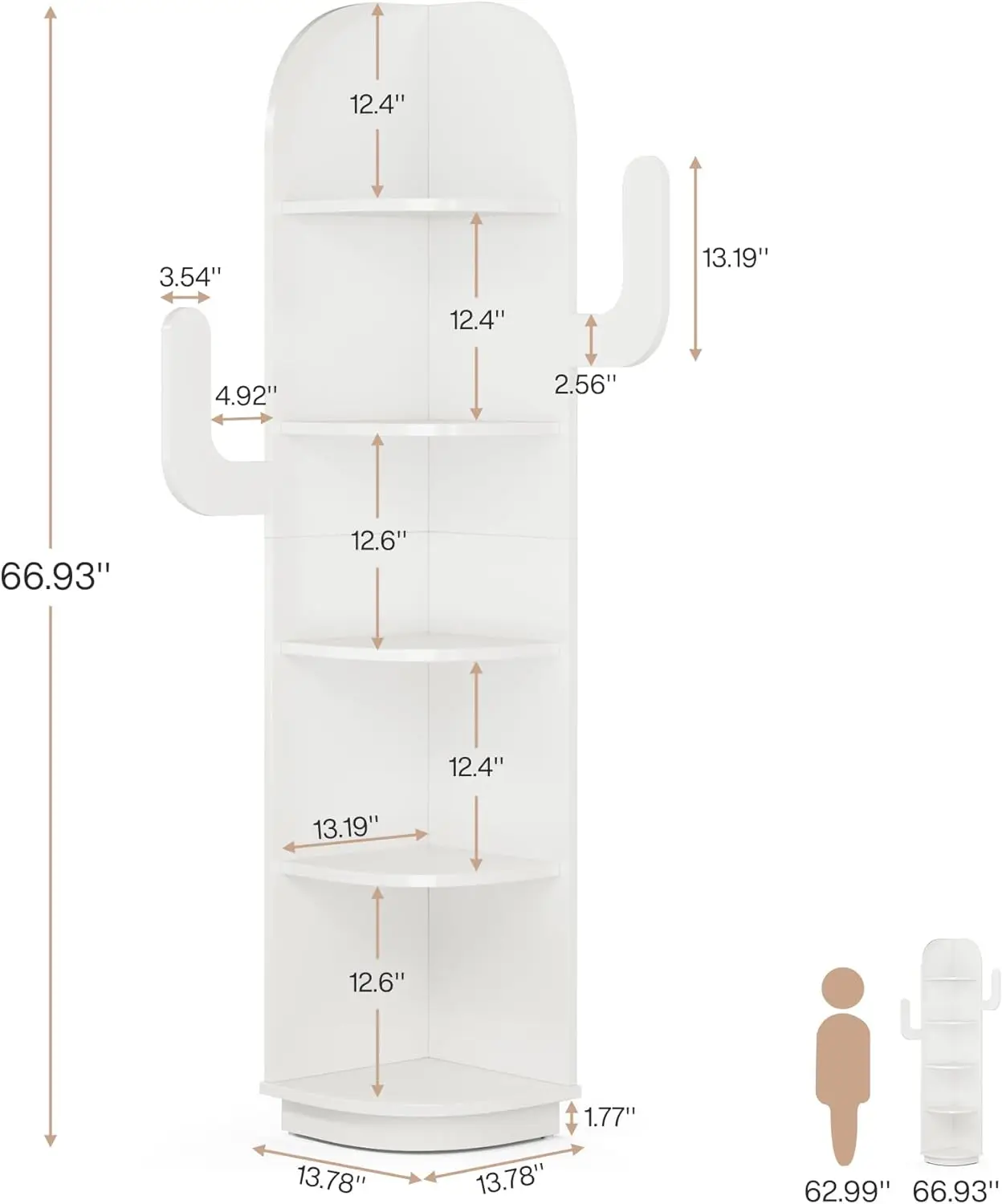 Estantería esquinera blanca de 5 niveles, 66 pulgadas de alto, bonita estantería esquinera con forma de Cactus, estantería pequeña de pie, soporte para plantas, estante de almacenamiento