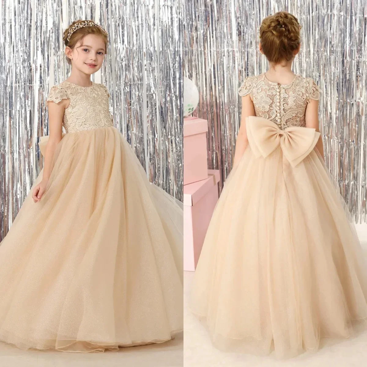 Vestidos de niña de las flores personalizados, largos hasta el suelo, de encaje con lazo, para boda, fiesta de noche, primera comunión, vestido de gala.