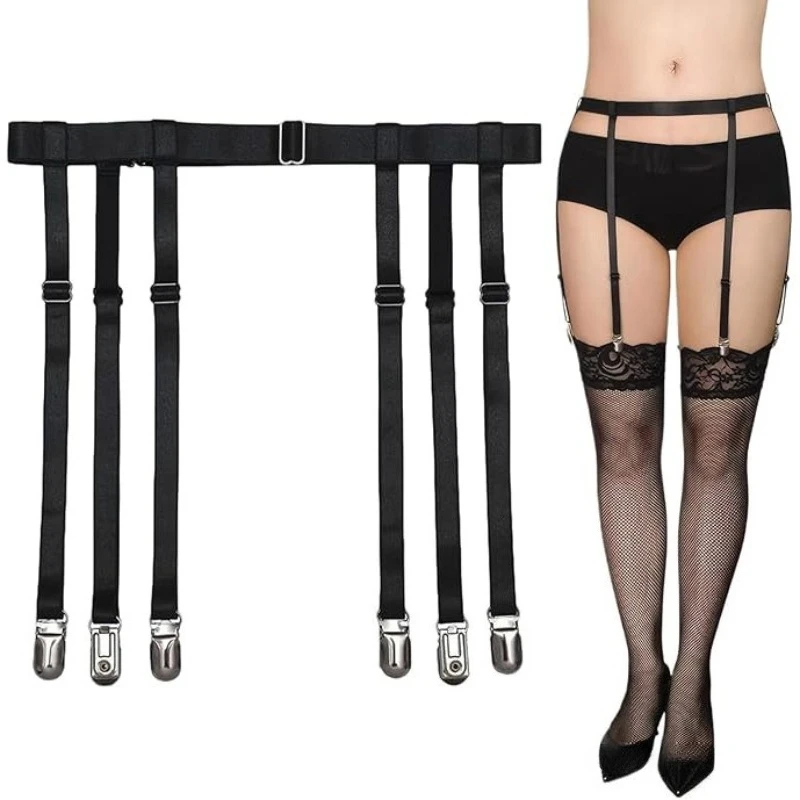 4/6 Metal Clips Garter Belt for Women Stockings Lingerie Accessories Sexy Black Adjustable Anti-slip Thigh High Socks Suspender