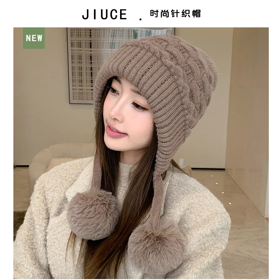 Women's Lazy Style Thick Double-Layer Rabbit Fur Hat Winter Cold-Proof Three-Pile Ear Protection Velvet Face Cover Knitted Cap