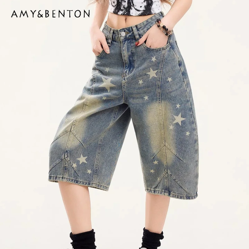 

Американский дизайн, повседневные женские джинсы с принтом звезд, лето 2026, новинка, модные, свободные, универсальные, прямые капри для женщин