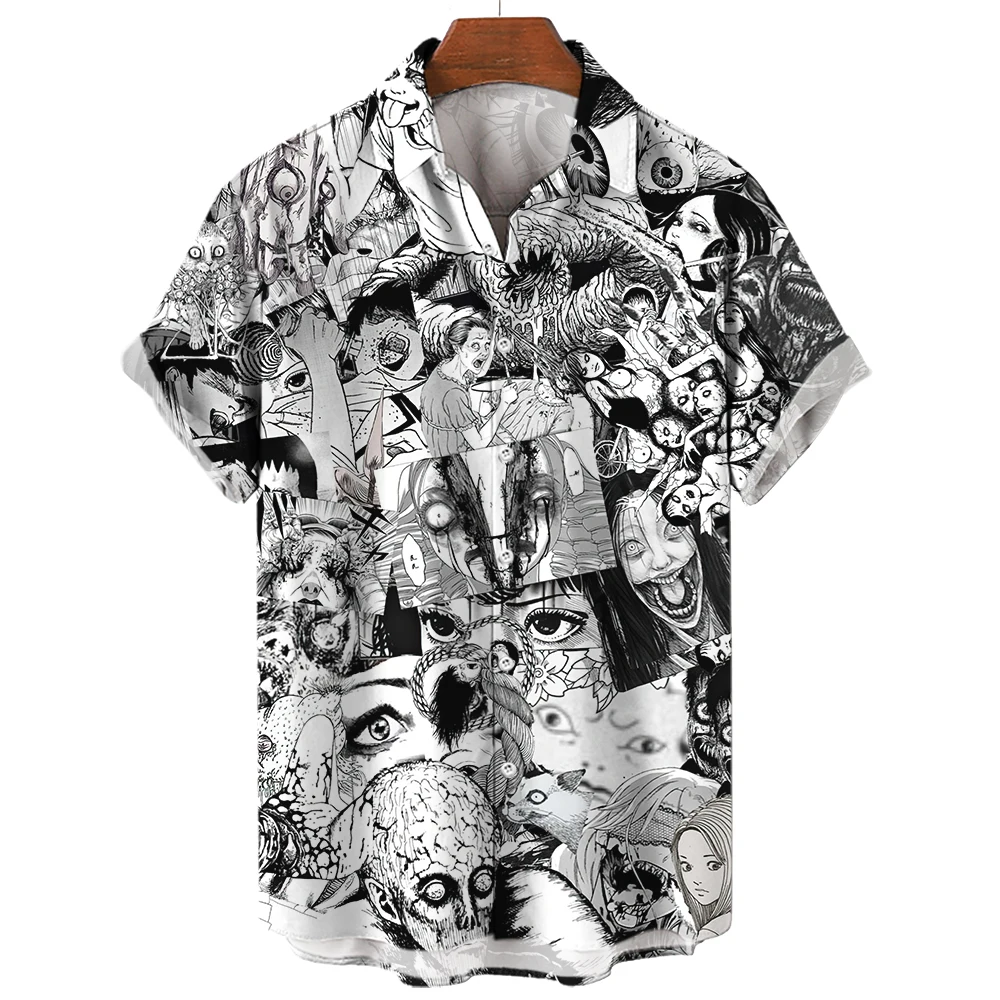 Japanese anime pattern shirts 2023 summer new men\'s shirt 3D printing horror print Hawaiian clothing personalized design men top