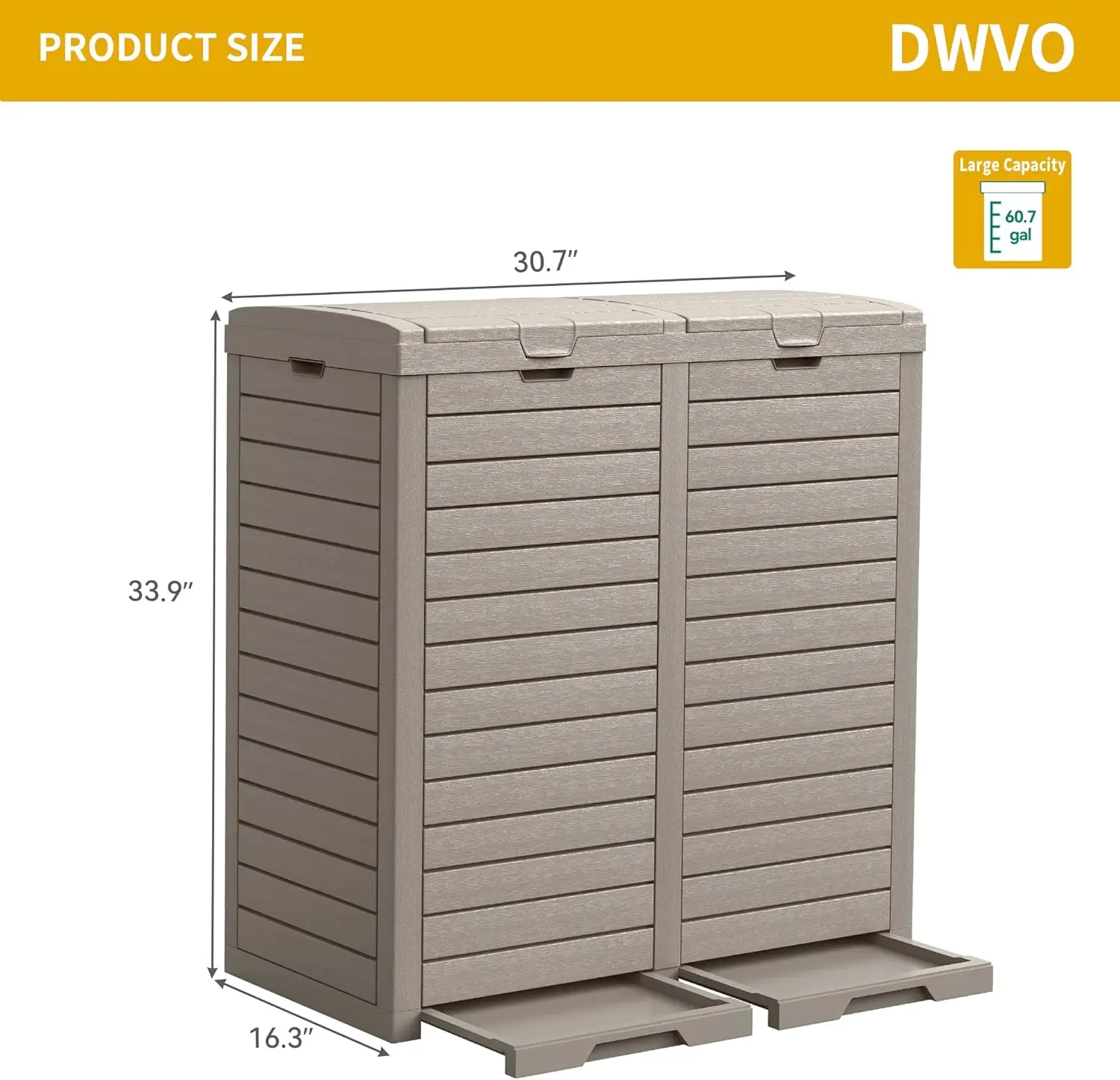 

76 Gallon Outdoor Resin Trash Can with Dual Lid and Drip Trays, 248 Quart Hideaway Garbage Bin for Porch (Taupe)