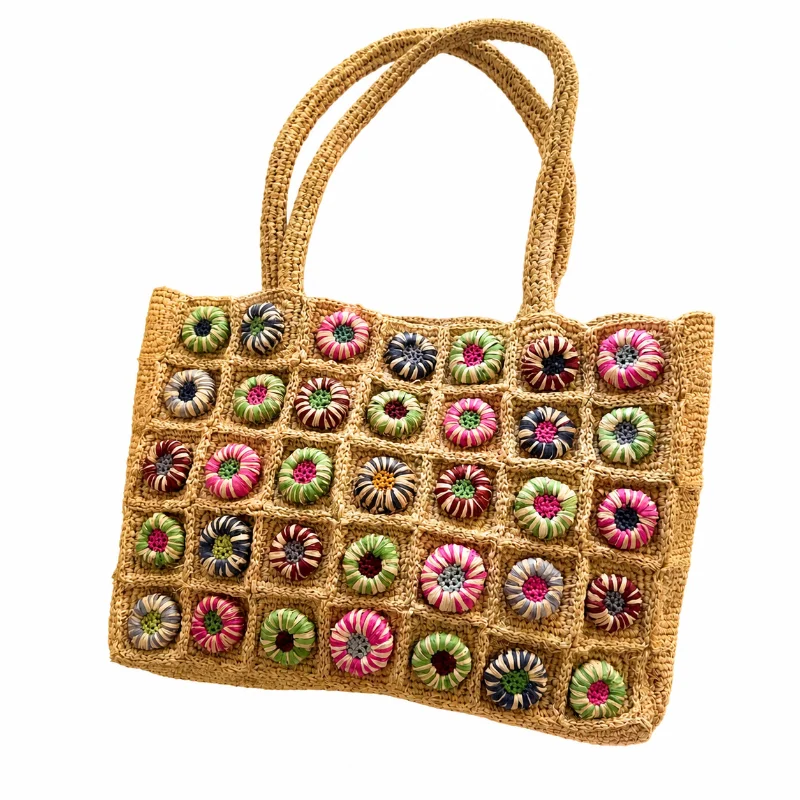 

Madagascar Natural Raffia Shoulder Bag Handmade Colorful Woven Tote Bag for Women Casual Travel Commuter Handbag