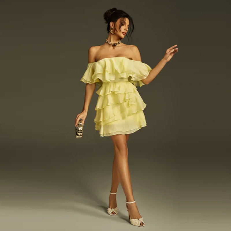 

Light Yellow Tiered Chiffon Mini Dresses High Fashion Party Dress Female Customized Off Shoulder Prom Gowns Trimmed Short Length
