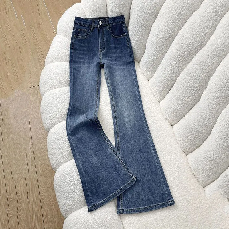 Retro American Denim Jeans Women's High Waist Stretch Slimming Nine Points Flared Pants Cotton Elastic Wear Resistant