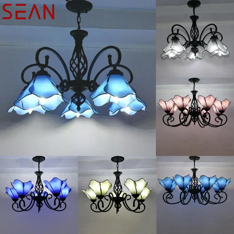 SEAN Tiffany European Living Room Pendant Lamp Mediterranean Sea Creative Color Glass restaurant Bedroom Hotel Chandelier