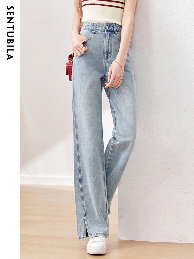 

SENTUBILA 100% Cotton High Rise Wide Jeans for Women 2024 Classic Washed Denim Toursers Straight Split Hem Jean Pants Streetwear