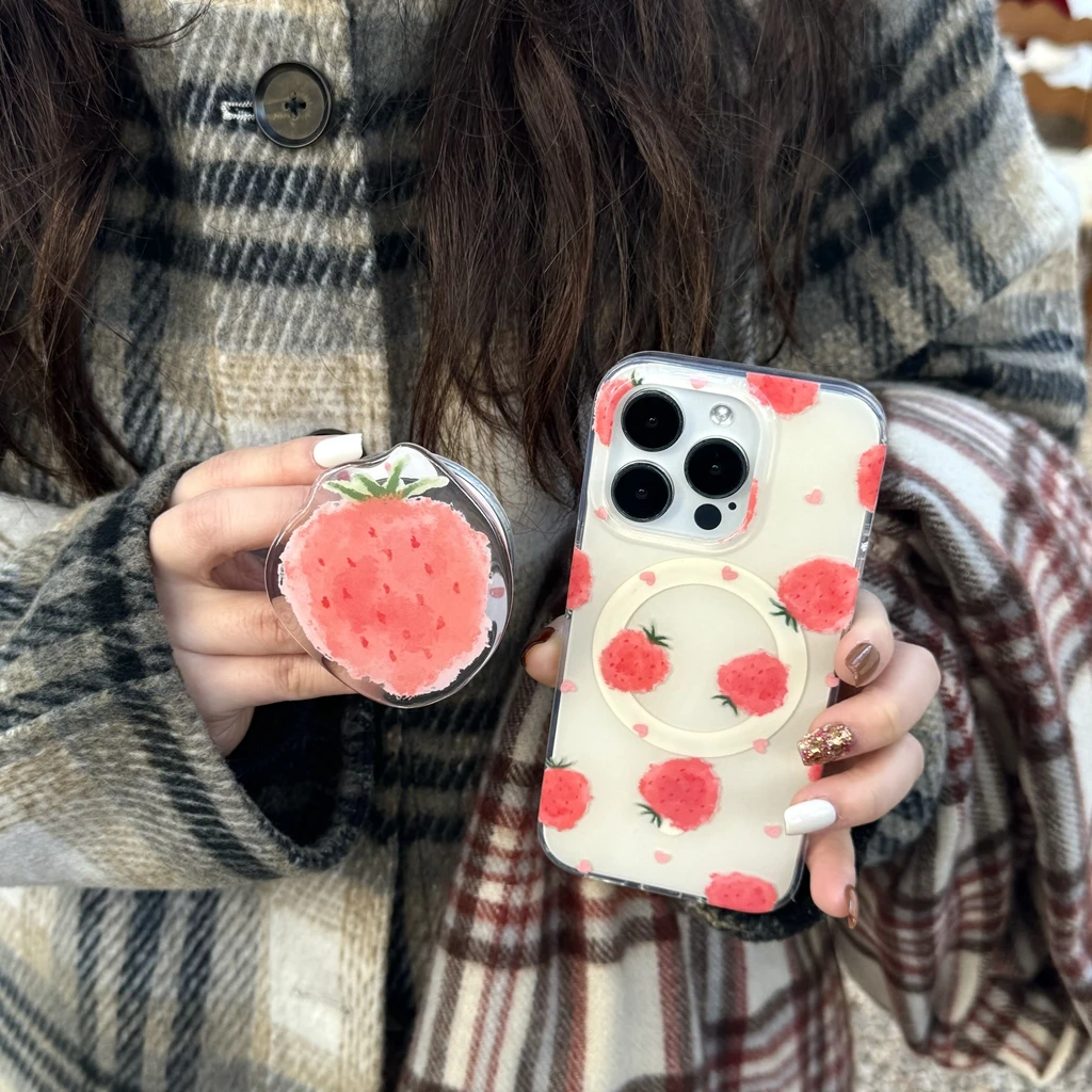 Cute Strawberry Fruit With Holder Magnetic Wireless Charging Phone Cover Case For iPhone 15 14 13 12 Pro Max