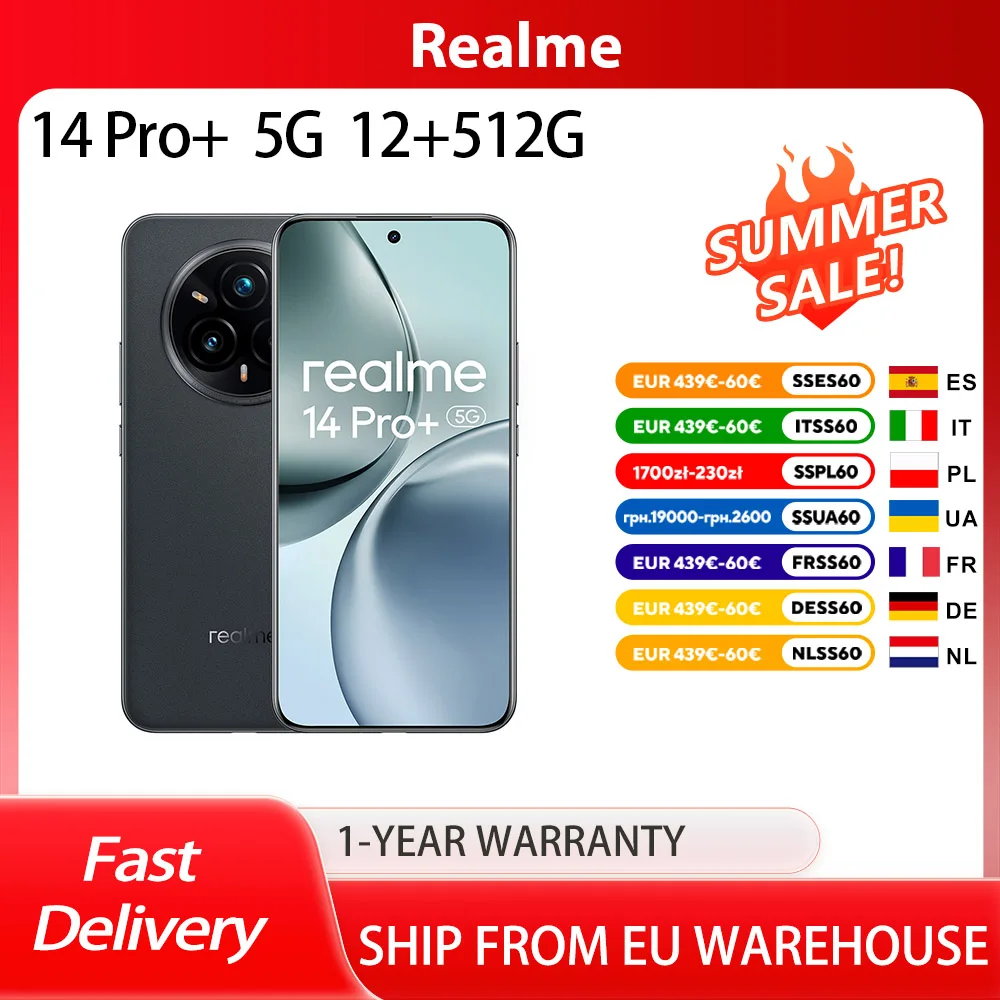 Smartphone Realme 14 Pro + 5G, 12 Go de RAM 512 Go de ROM, cran AMOLED incurv de 6,83 pouces, camra arrire periscope Sony IMX896 OIS et 50 MP