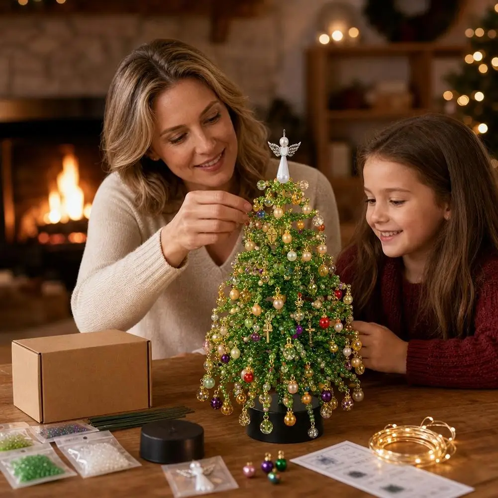Handmade DIY Beaded Christmas Tree Making Kit Mini Crystal Bead Christmas Tree Desktop Decoration Christmas DIY Craft Supplies