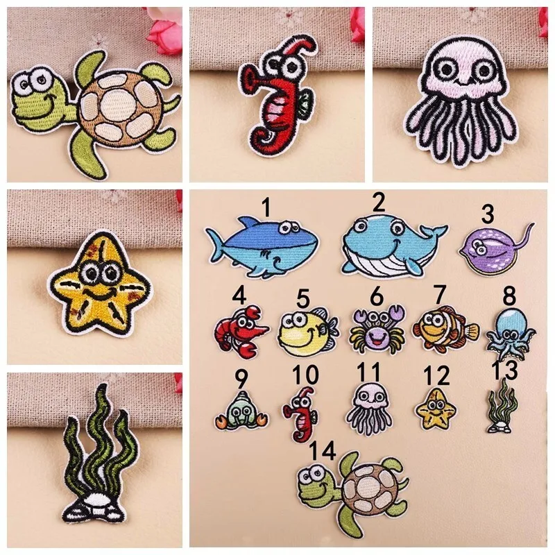 Marine life Animal patches Cartoon badge for Children's BOY clothes Patches For Clothing Appliqued badges Shark jellyfish shrimp