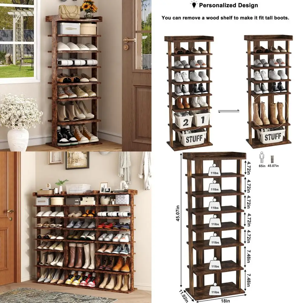 

Двухрядная 7-ярусная деревянная полка для обуви, вертикальная подставка для хранения, органайзер для обуви в прихожей, компактная башня для обуви для узких помещений