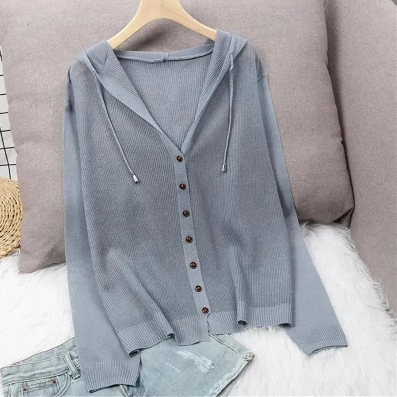 2024 New Summer Short Knitted Cardigan Coat Women\'s Hooded Top Ladies Solid Color Button Sun Protection Thin Outdoor Outwear